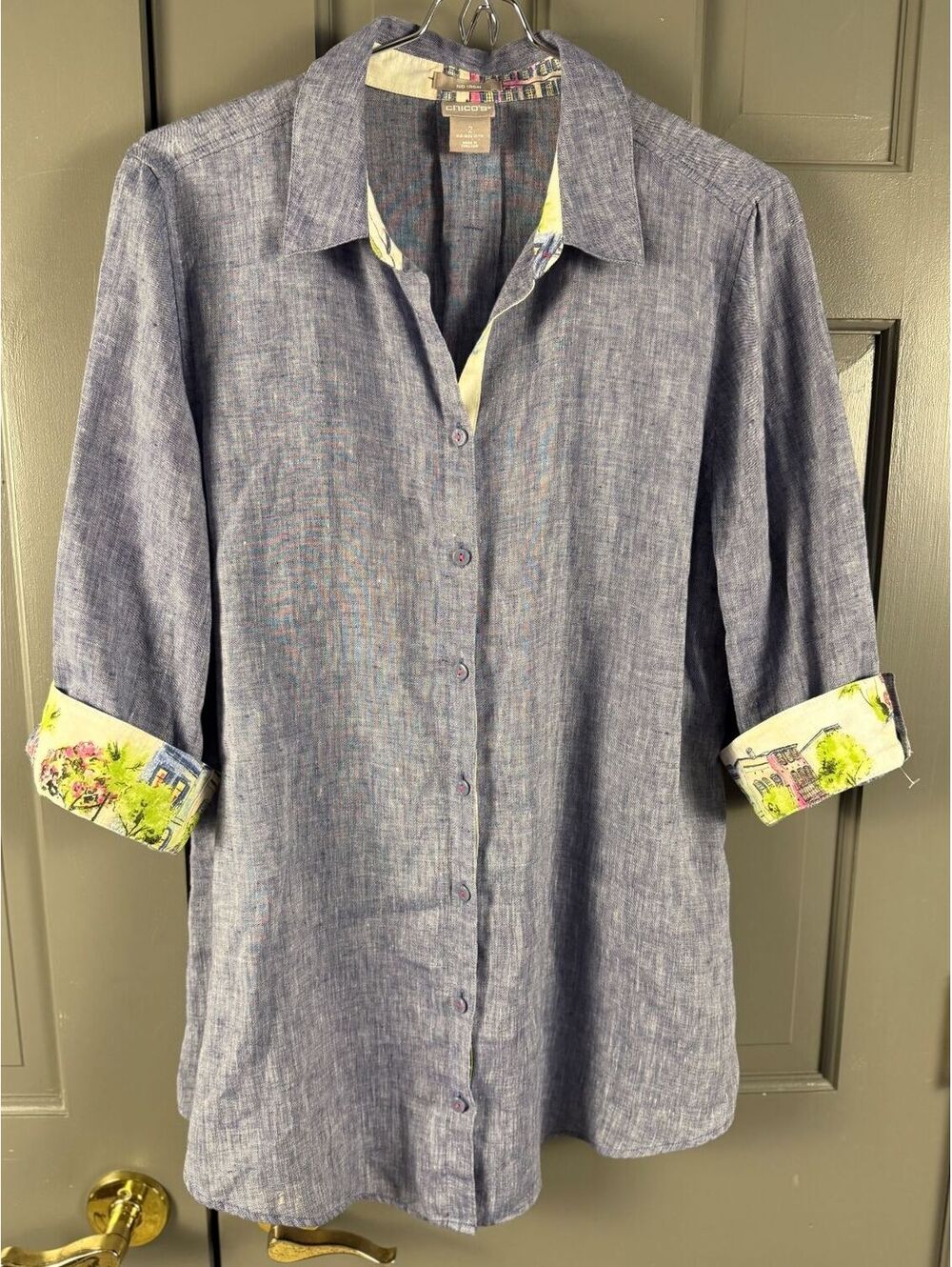 Chico's Blue Linen Button-Up Shirt with Floral Cuff Detail, Size Medium